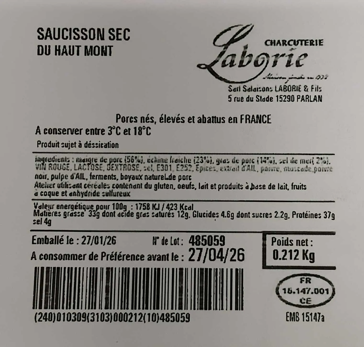 Saucisse sèche du Haut-Mont